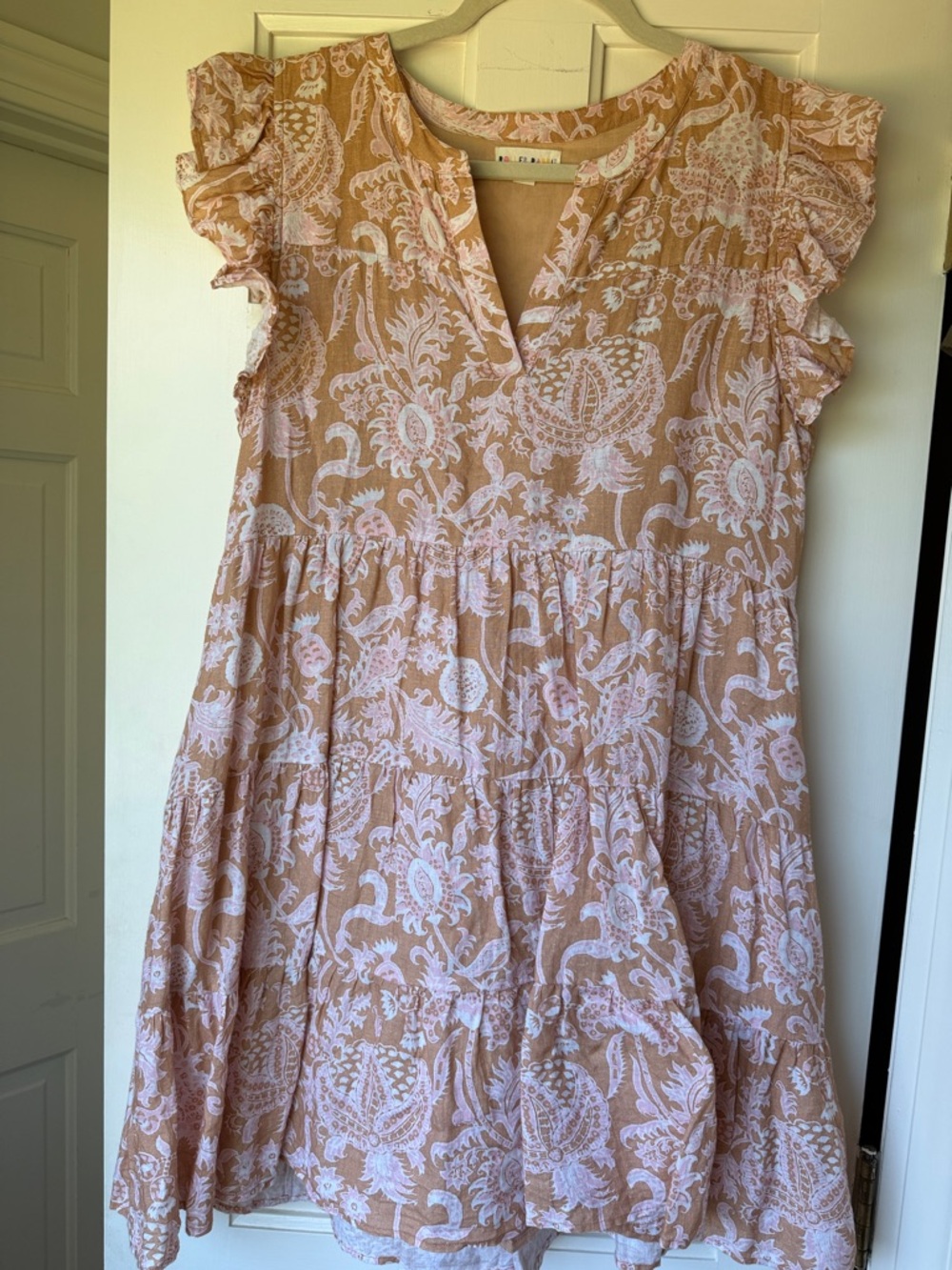 Roller Rabbit Linen Amanda Dress Paisley Floral Poppy Tan Pink